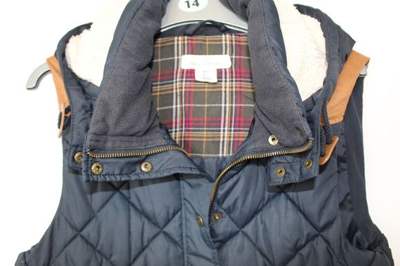 LOGG gilet size 14 Eur 42 Navy Blue Tan contrast hooded pockets - Picture 4 of 6